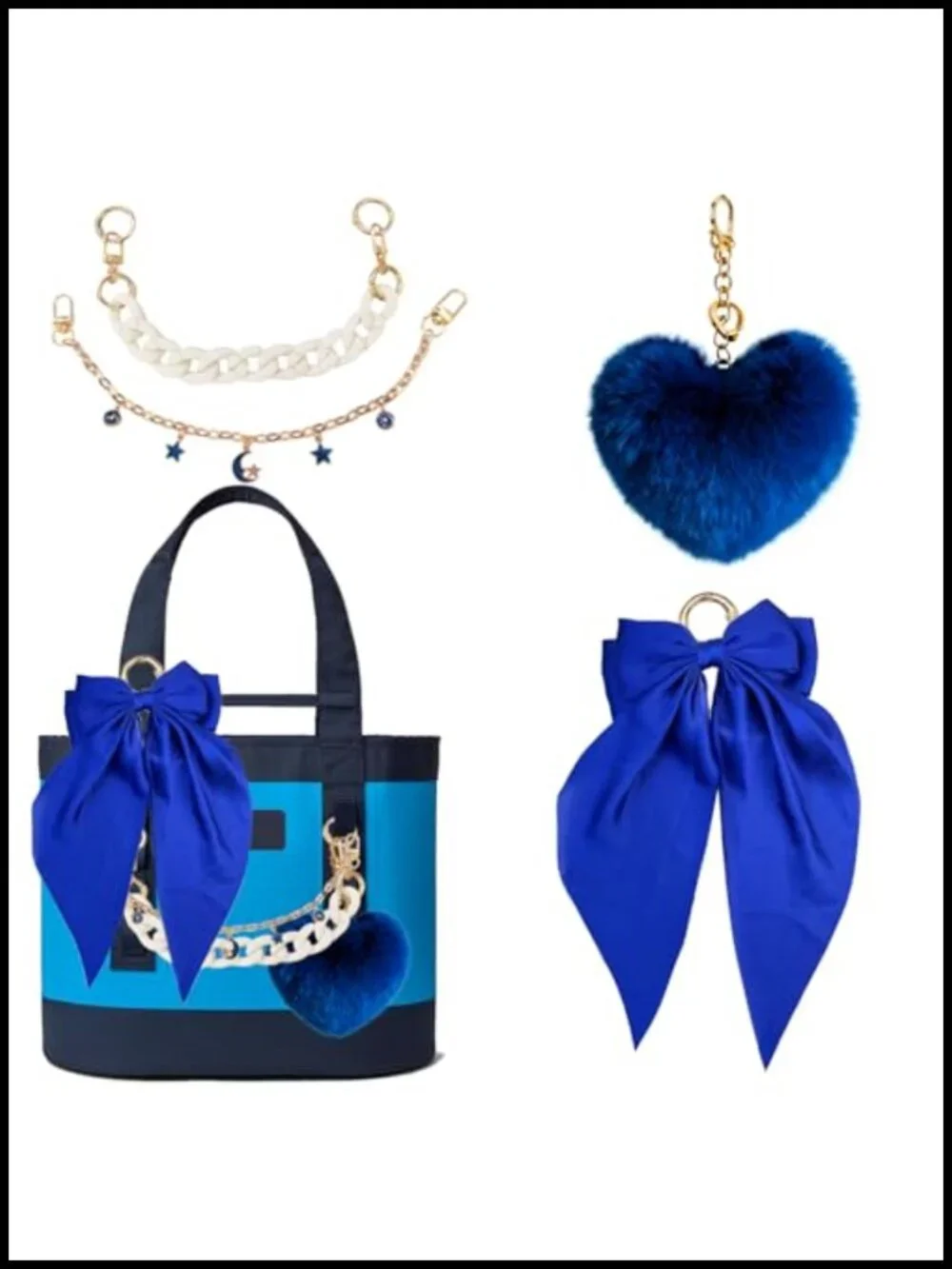 Satin Bow Bag Charm Set with Plush Heart and Gold Chains for Tote Purse